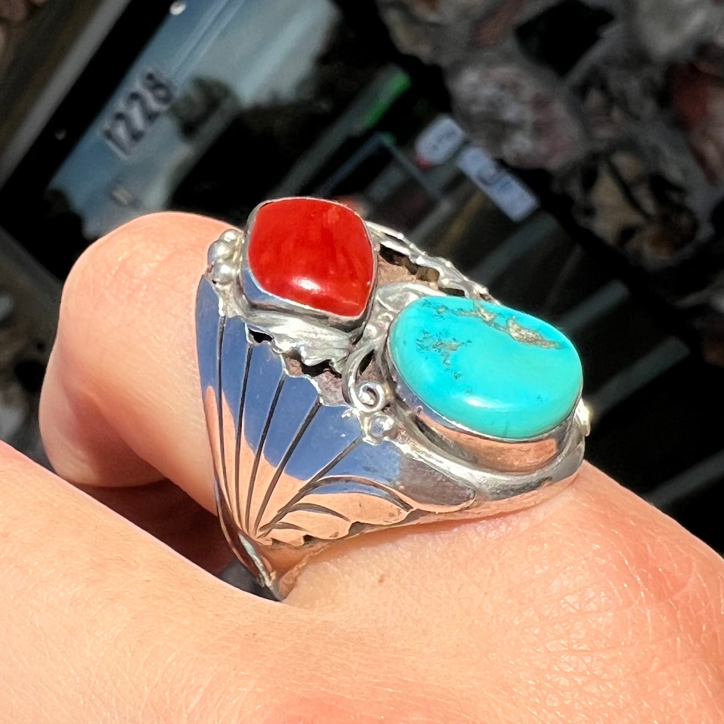 Men's Navajo Turquoise & Coral Ring in Sterling Silver | Vintage c.1960's