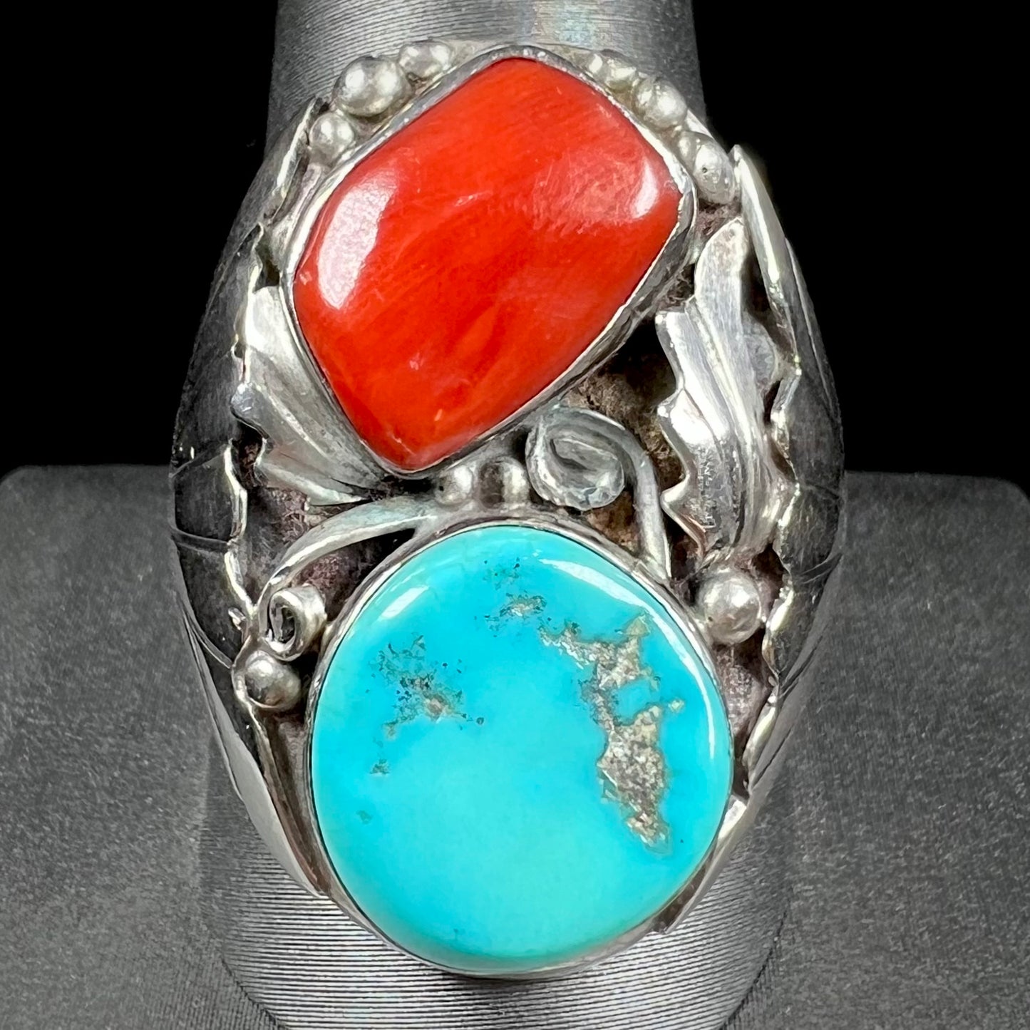 Men's Navajo Turquoise & Coral Ring in Sterling Silver | Vintage c.1960's