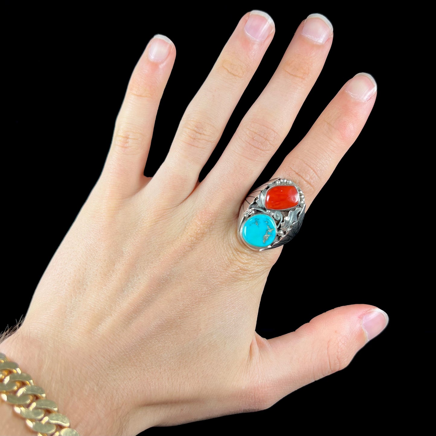 Men's Navajo Turquoise & Coral Ring in Sterling Silver | Vintage c.1960's