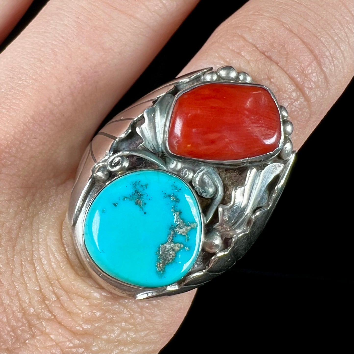 Men's Navajo Turquoise & Coral Ring in Sterling Silver | Vintage c.1960's