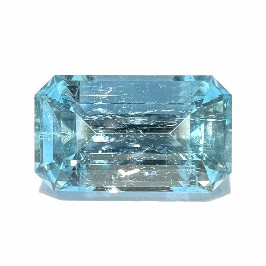 A loose, faceted emerald cut aquamarine stone from Vietnam.  The stone is an icy blue color and weighs 2.24 carats.
