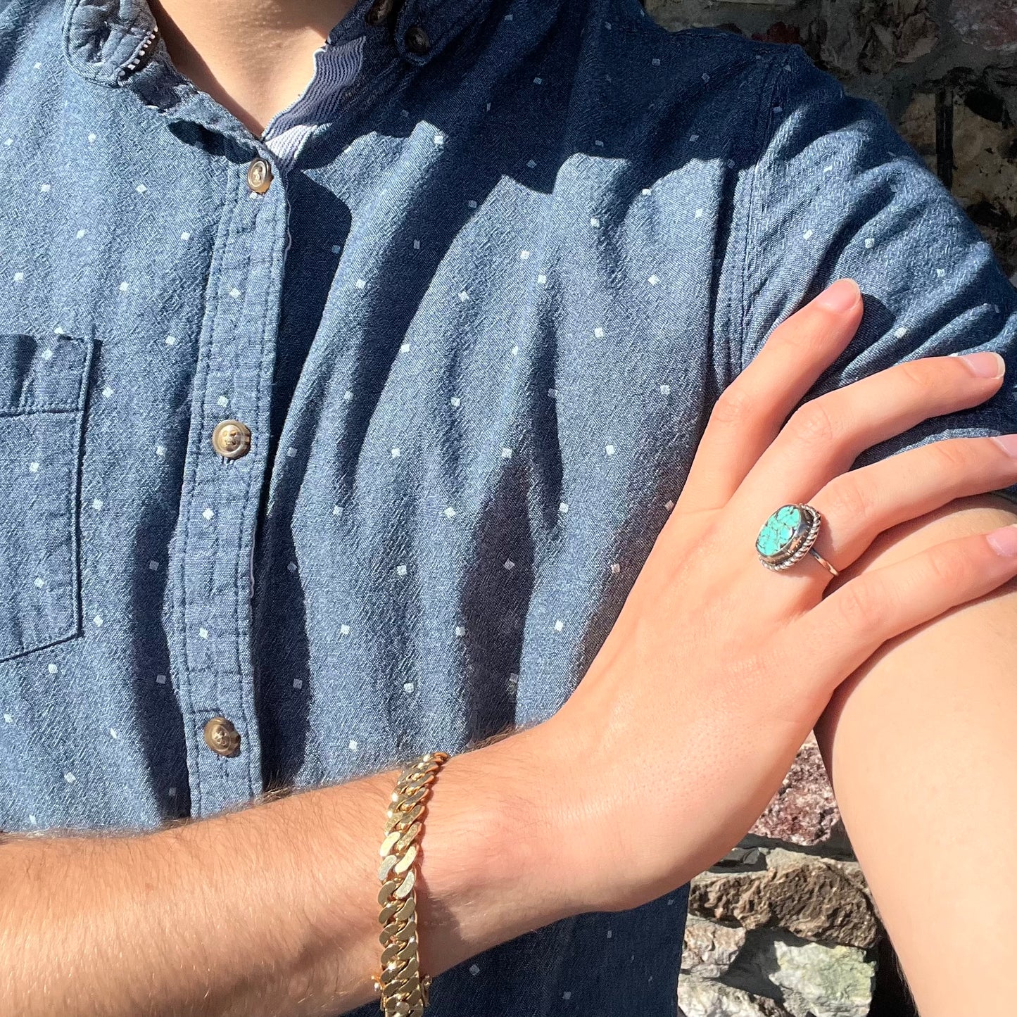 A handmade ladies' turquoise solitaire ring. The ring has a rope bezel design.