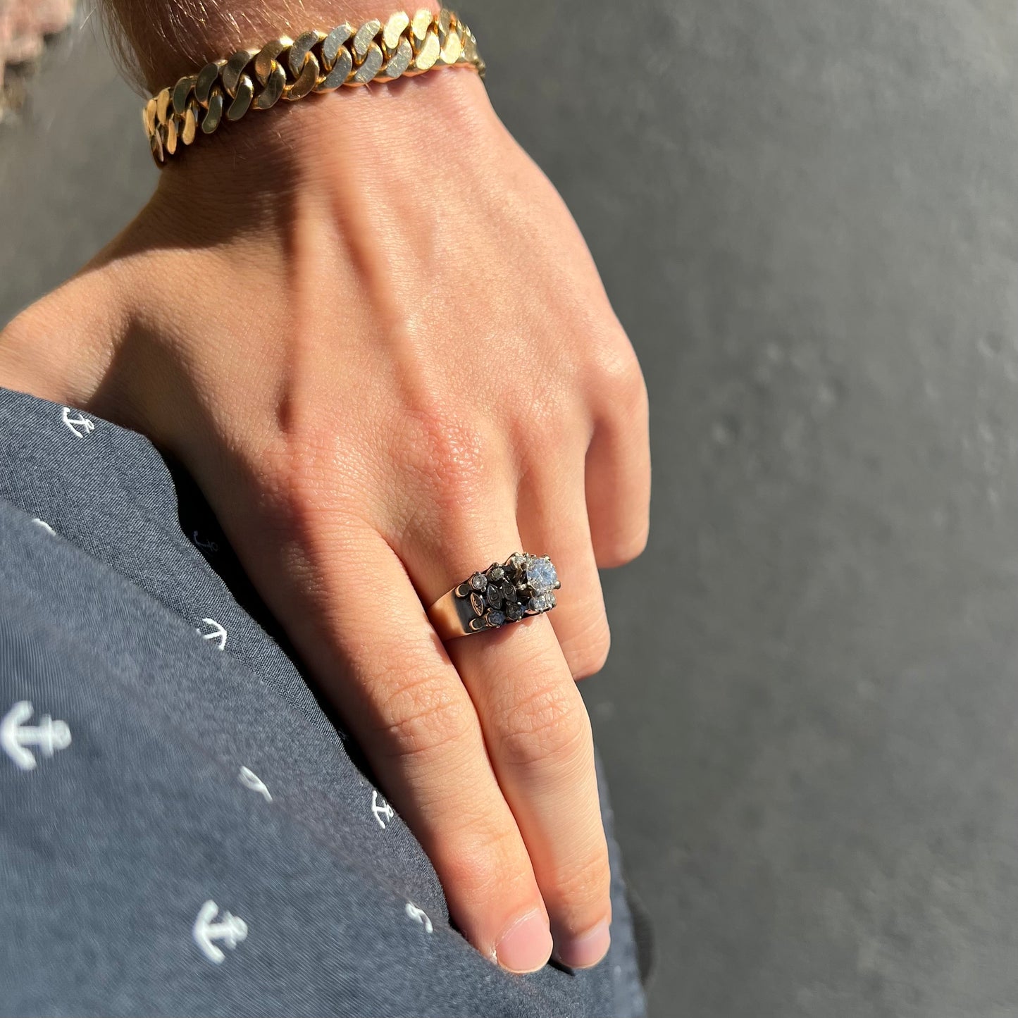 A vintage, 1940's style white gold diamond wedding ring set with a 0.68ct round diamond. The diamond has a noticeable black crystal inclusion.