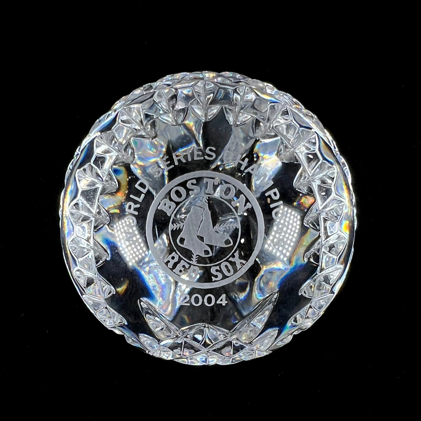 A baseball made from Waterford Crystal commemorating the Boston Red Sox 2004 World Series Championship.