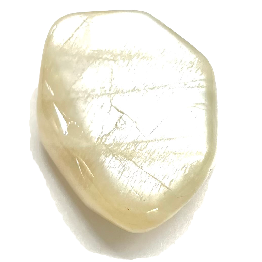 A tumble polished white moonstone feldspar.  The stone has a white, adularescent surface flash.