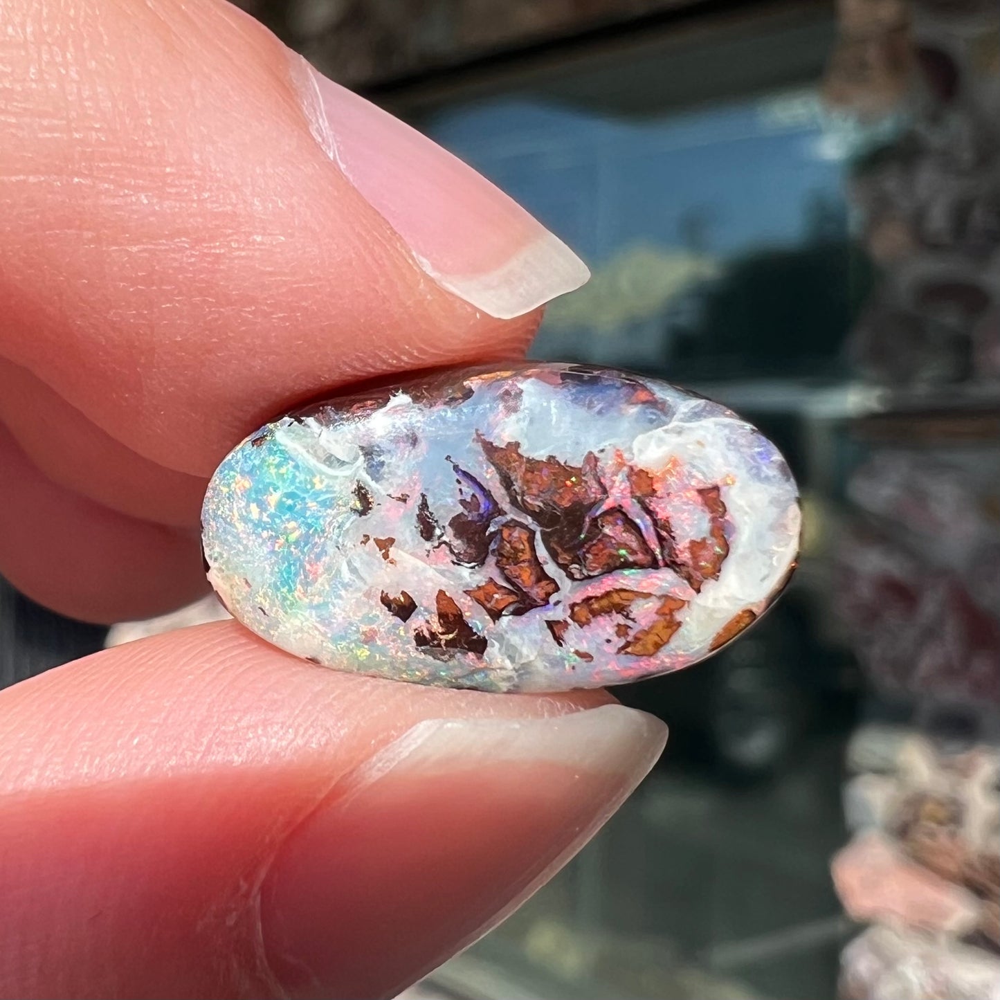 An oval cabochon cut boulder opal stone from Koroit, Australia. The opal has a white body tone.