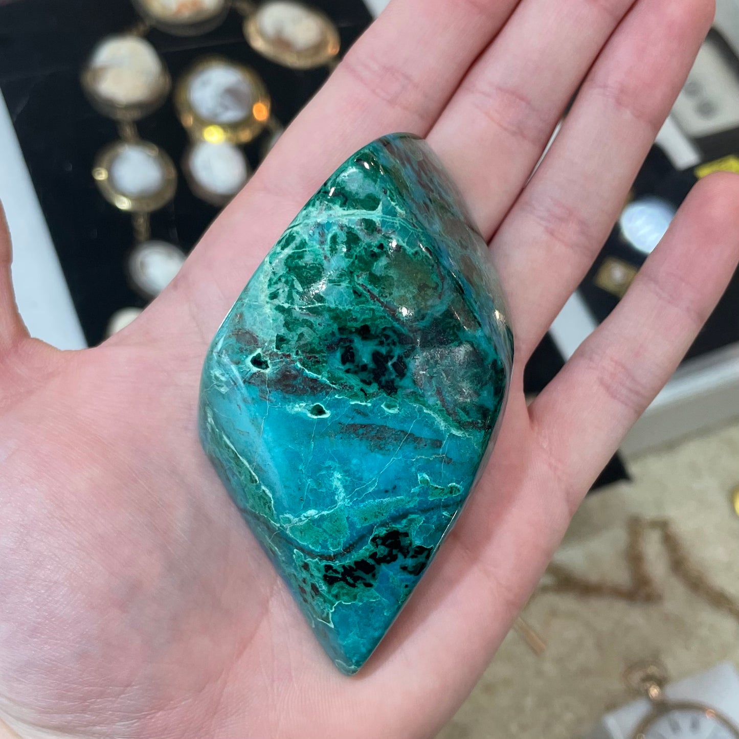 A polished Eilat Stone specimen from King Solomon's Mine, Israel.