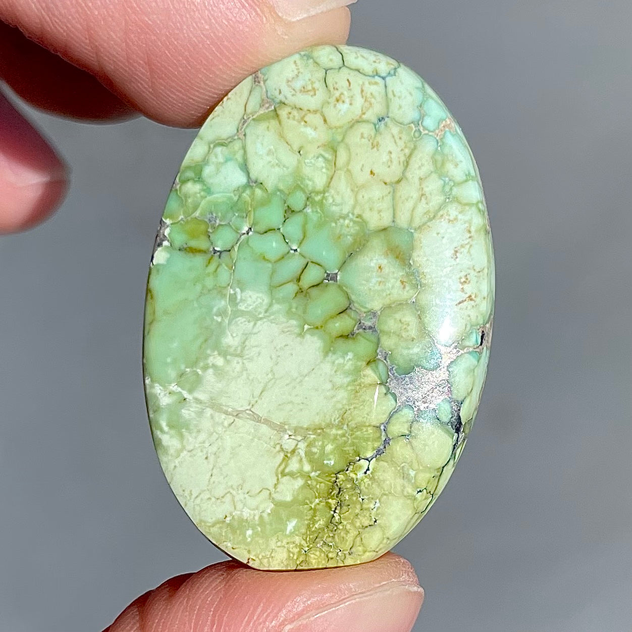 A loose, green turquoise stone cabochon from the Number 8 Mine.