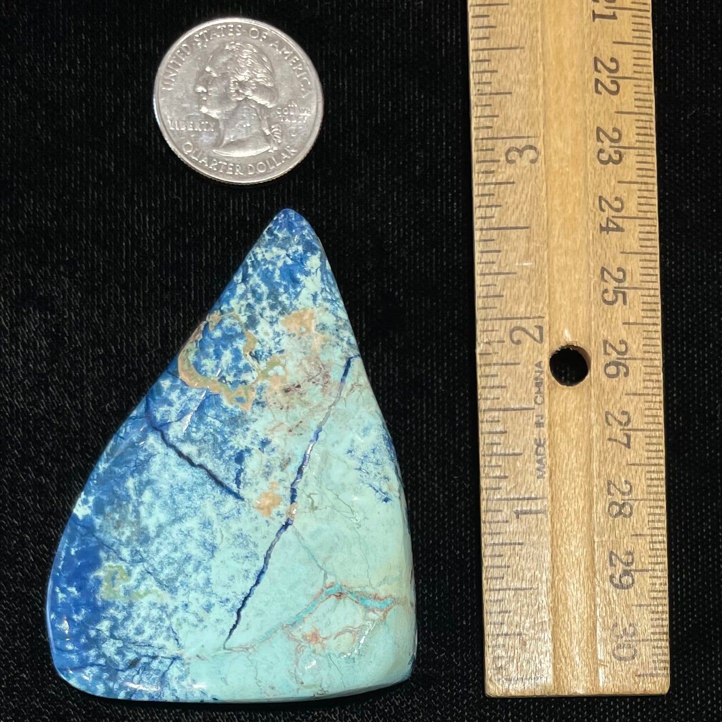 An large, polished, drop shape Morenci turquoise and azurite specimen. Material is not stabilized.