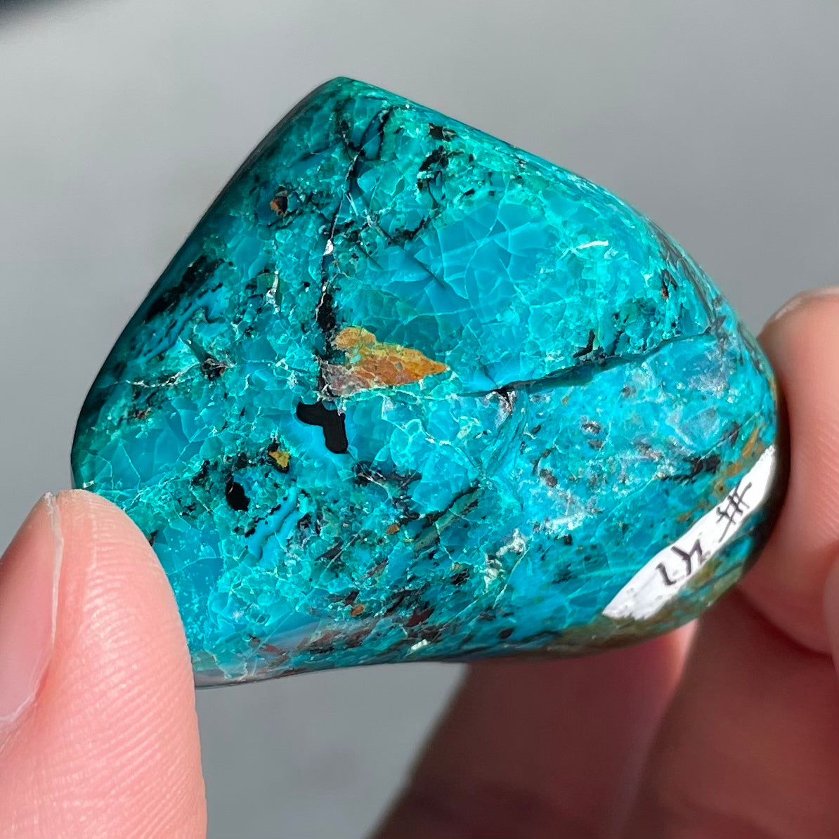 A polished freeform shaped chrysocolla specimen.
