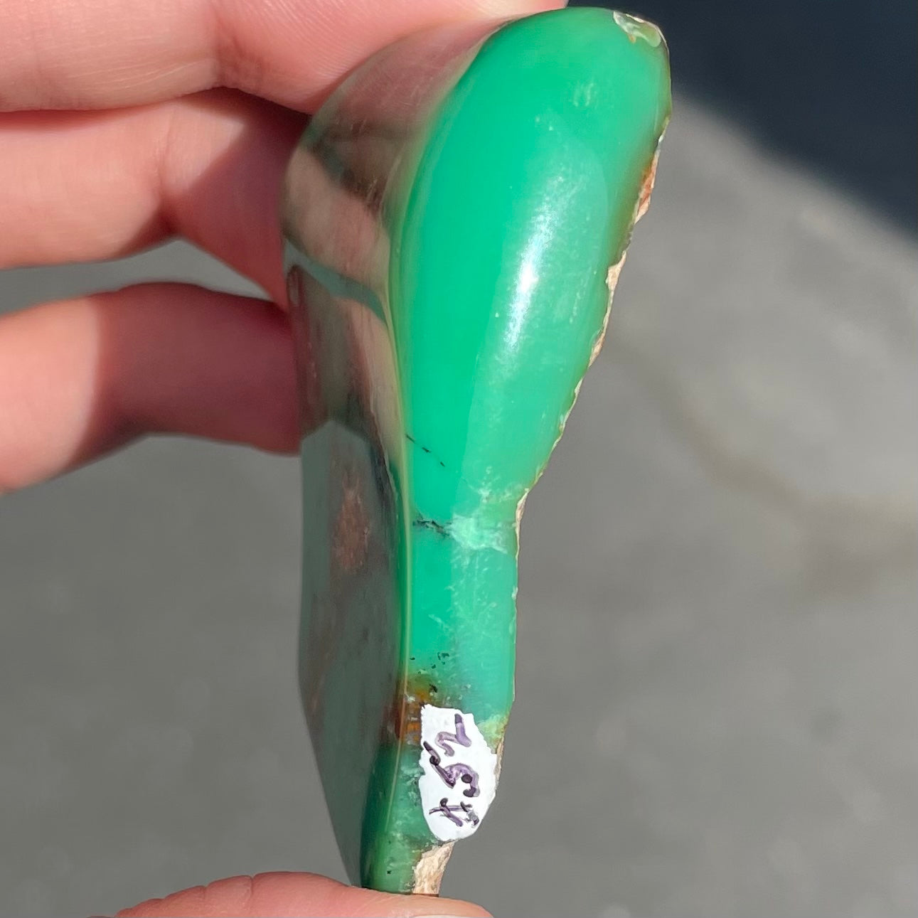 A polished green chrysoprase stone with brown matrix inclusions.