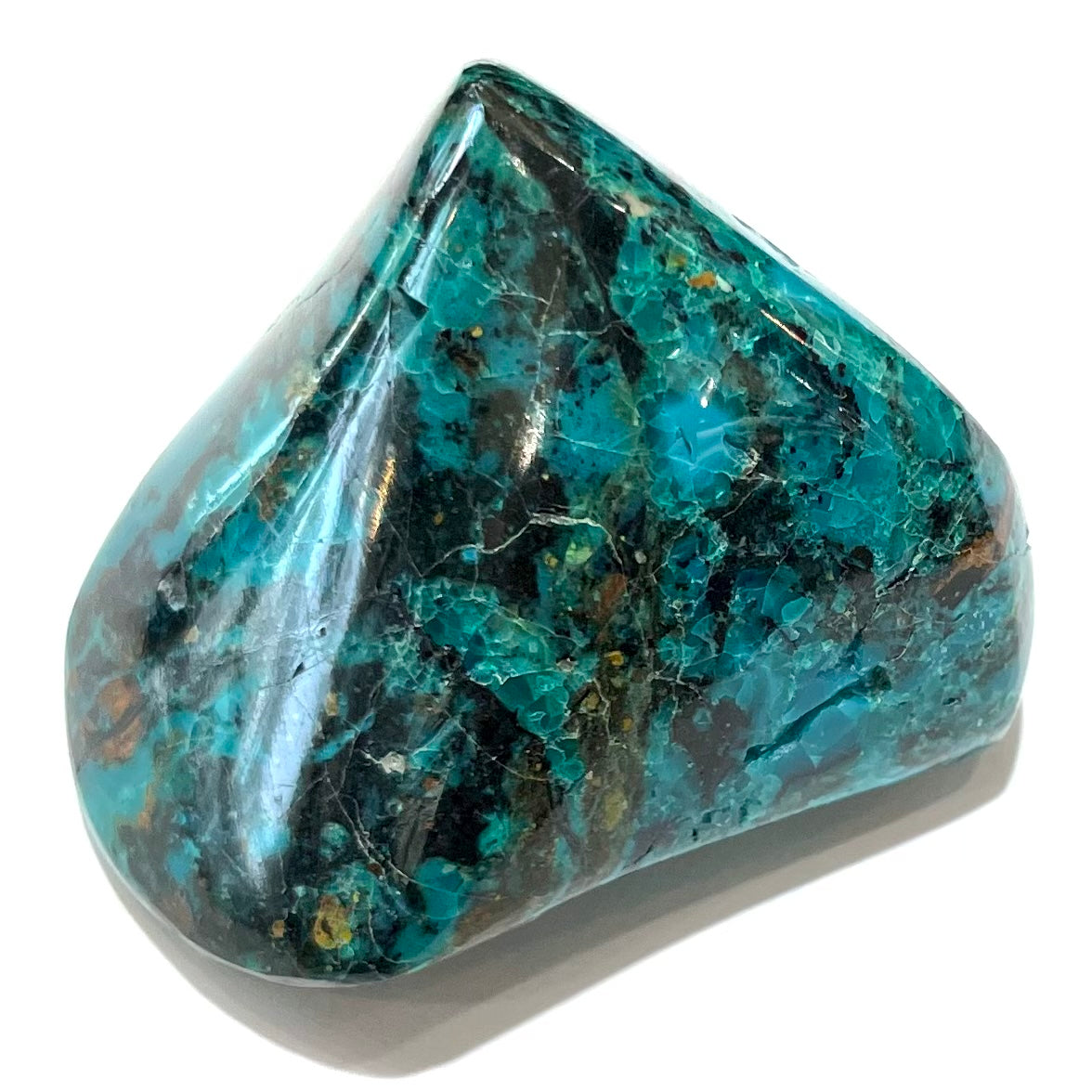 A polished freeform shaped chrysocolla specimen.