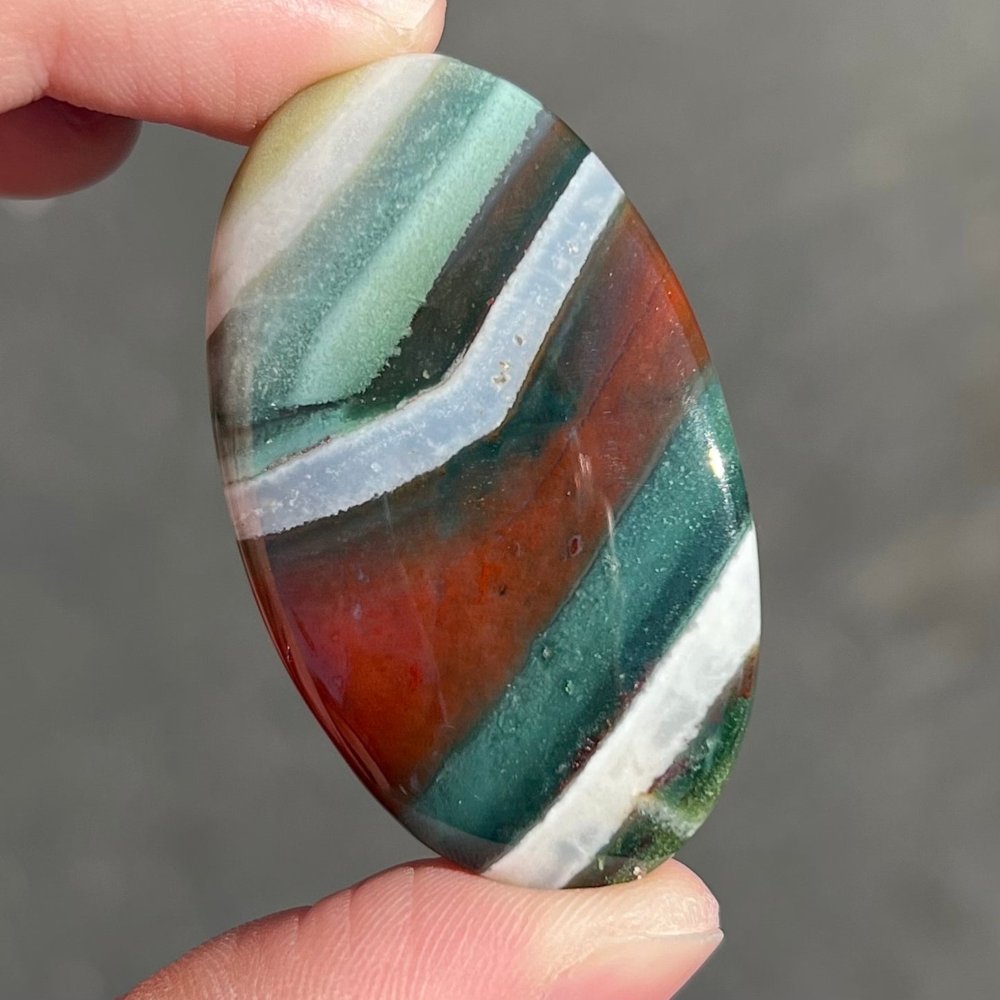 Loose Arizona agate cabochon for sale set on white background. Stone is striped with red, green, and white.