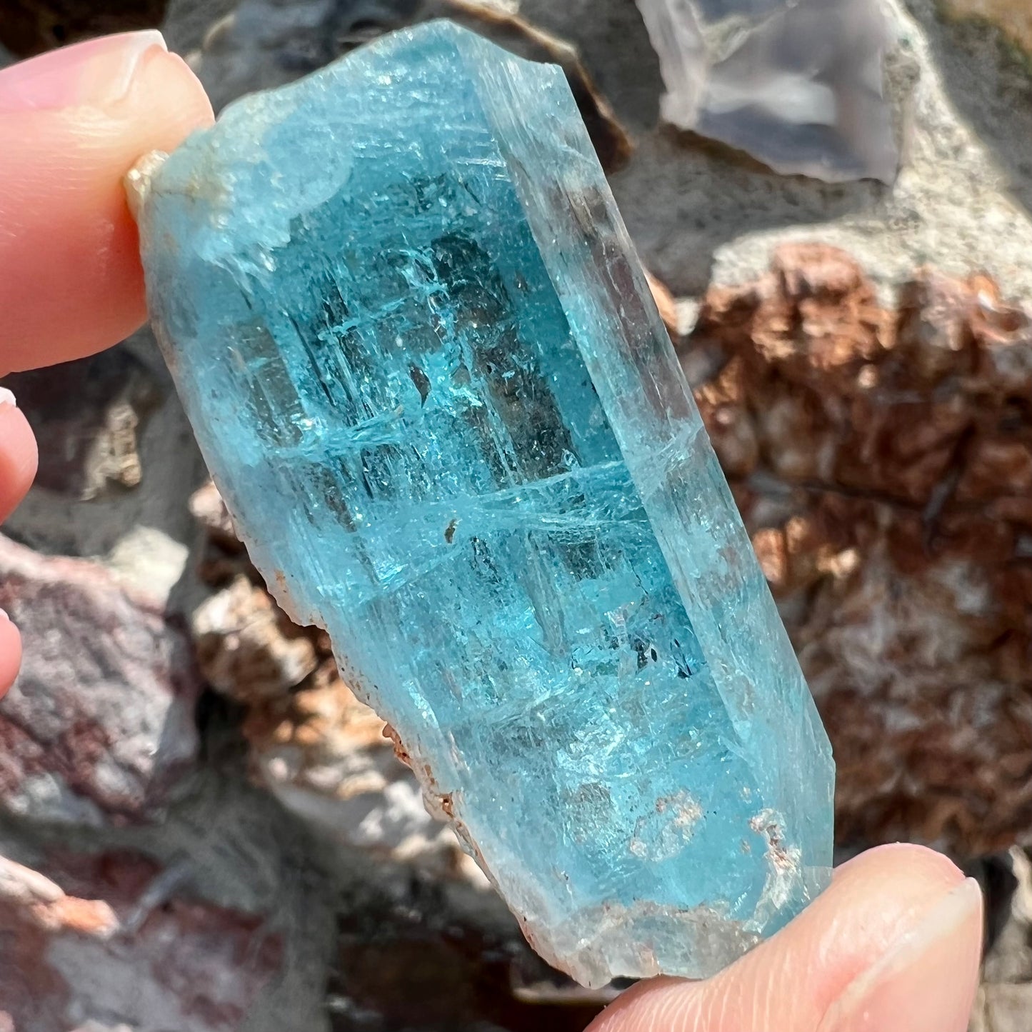 A six sided, natural blue aquamarine crystal from Vietnam.