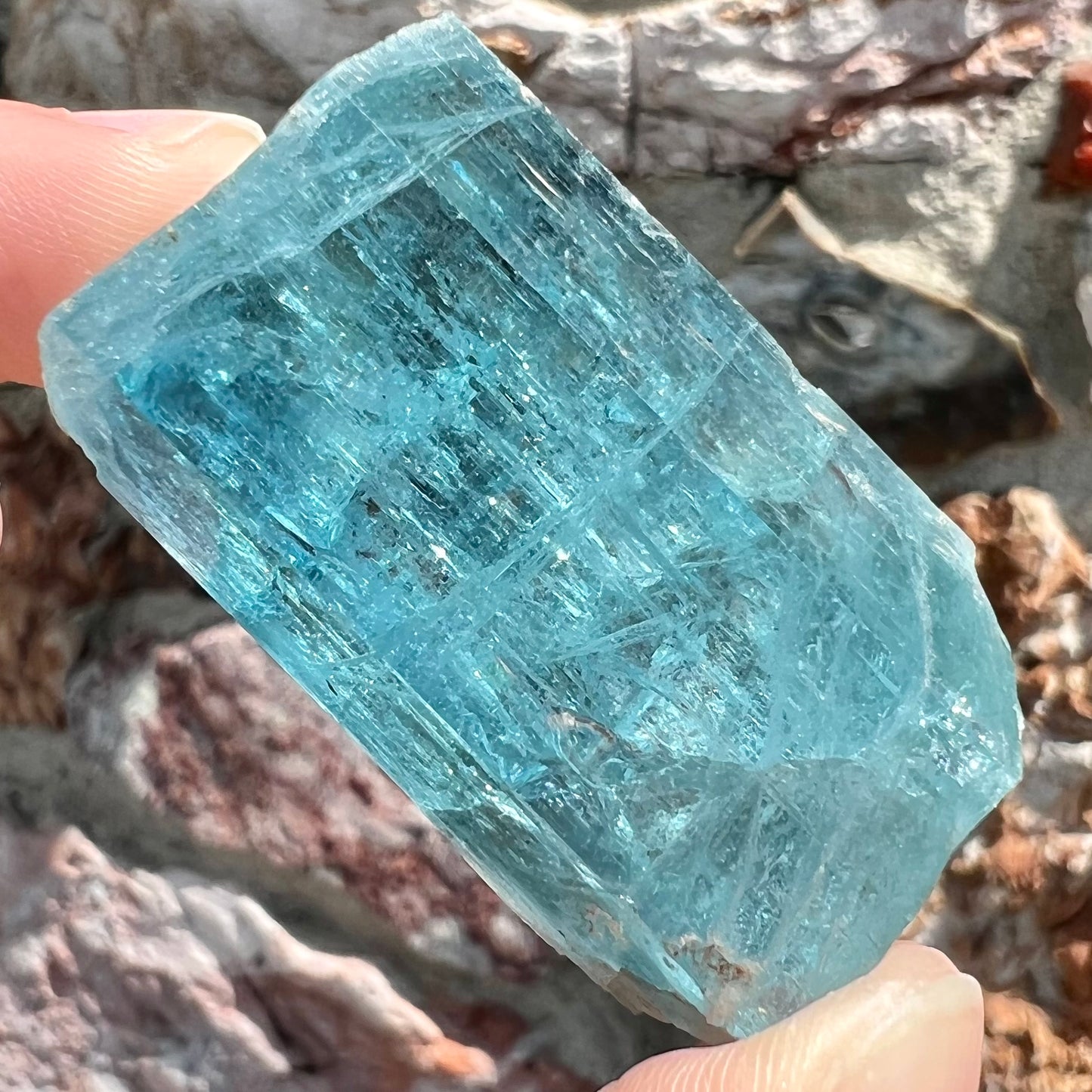 A six sided, natural blue aquamarine crystal from Vietnam.