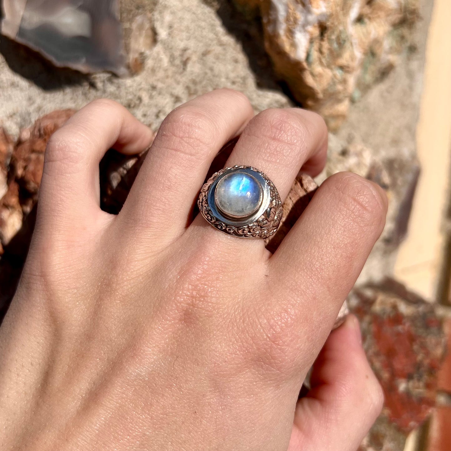 Unisex Moonstone Scroll Ring | Sterling Silver | Estate