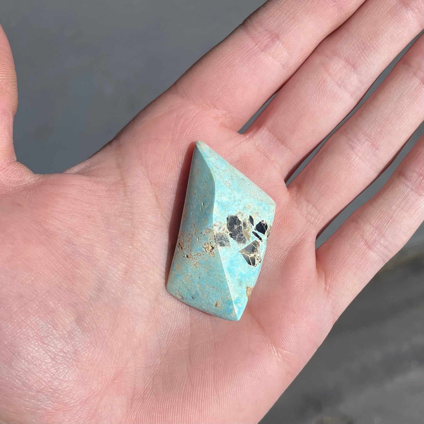 Polished baby blue turquoise specimen from Baja California, Mexico.