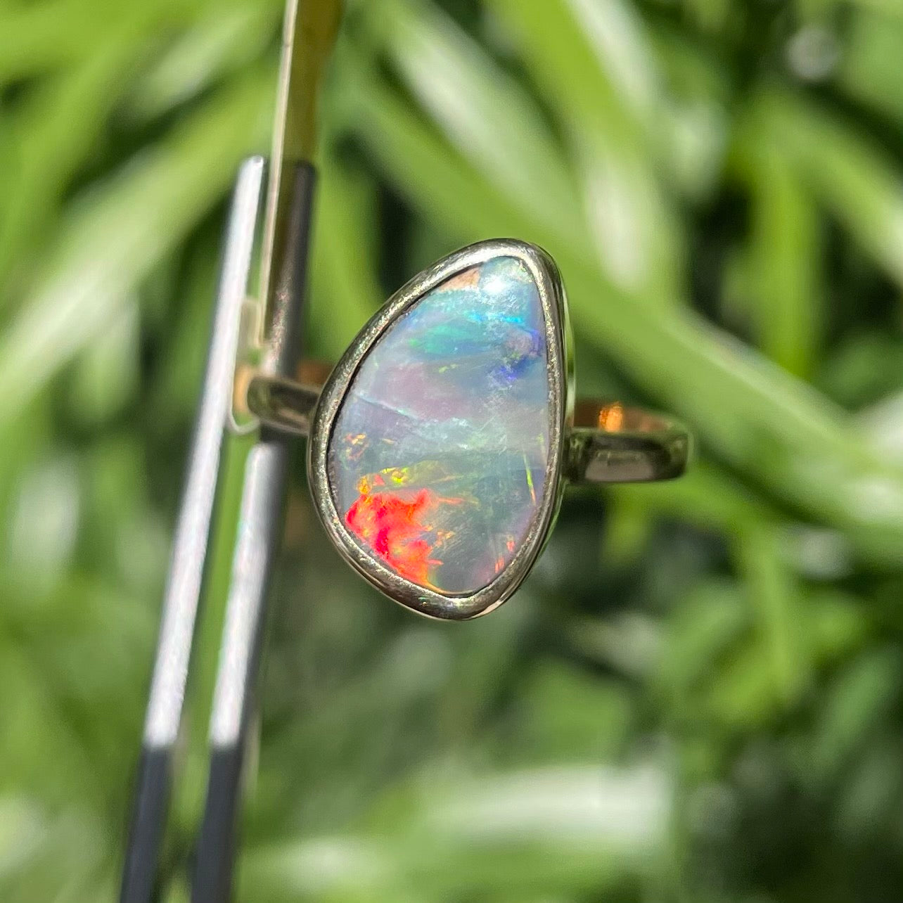 A freeform cut semi-black opal from Lightning Ridge, Australia set in a bezel set yellow gold solitaire ring.