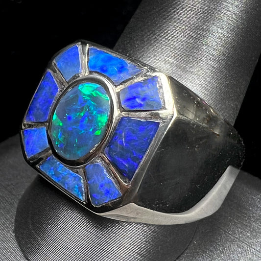 A men's white gold ring inlay set with Lightning Ridge, Austalian black crystal opal.