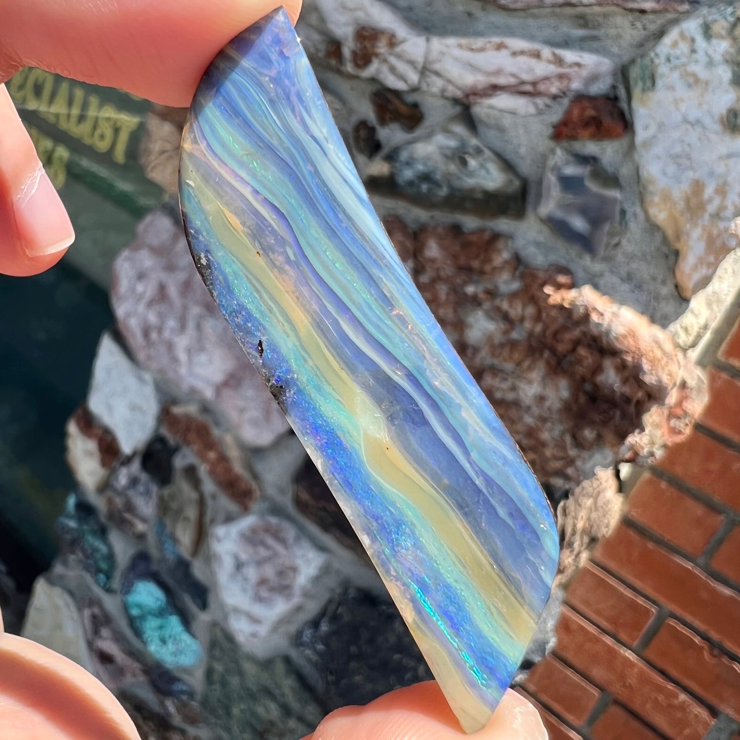 A large, loose, polished Quilpie boulder opal stone from Queensland, Australia. The stone is blue.