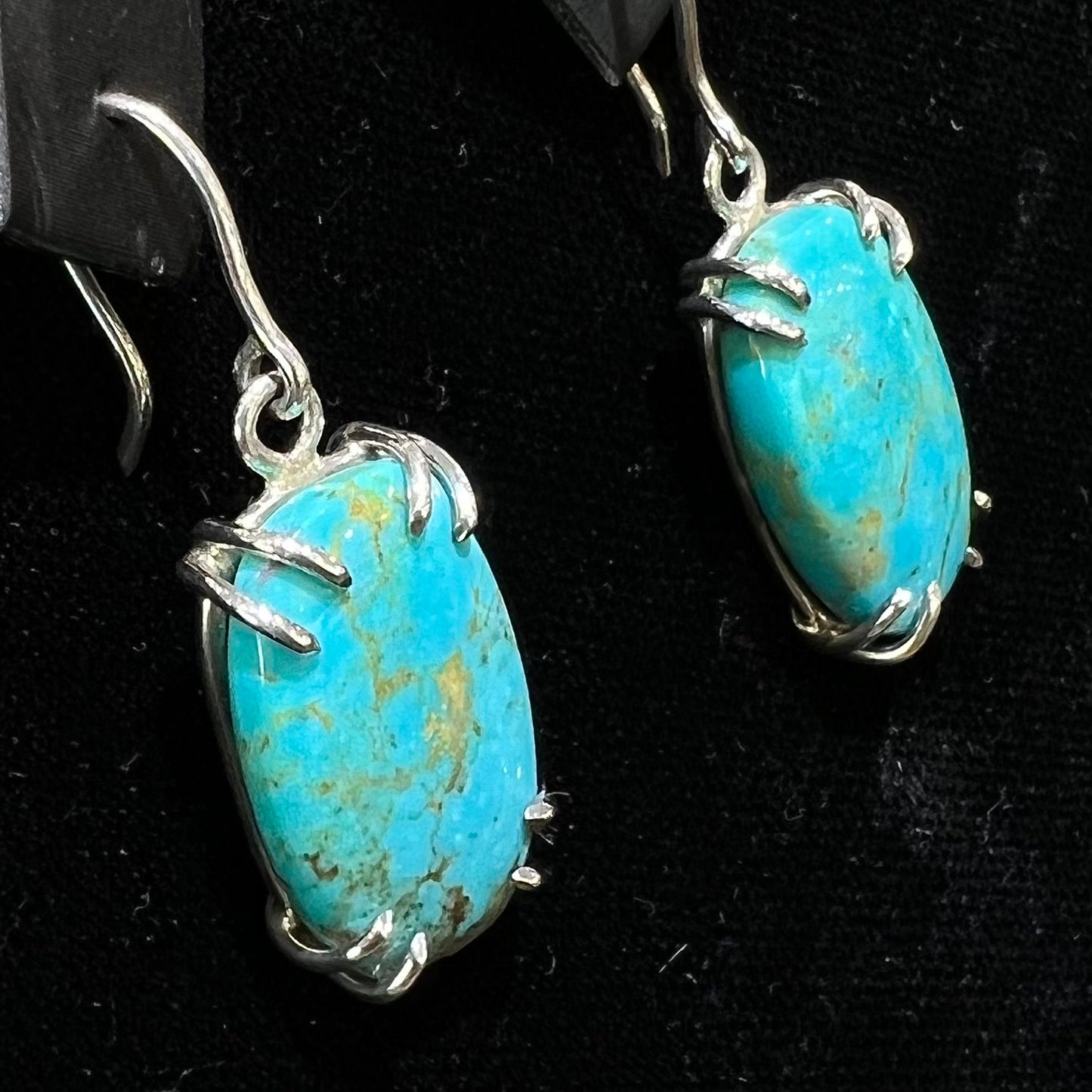 Sterling silver French wire earrings double prong set with cabochon cut Turquoise from Pilot Mountain Mine.