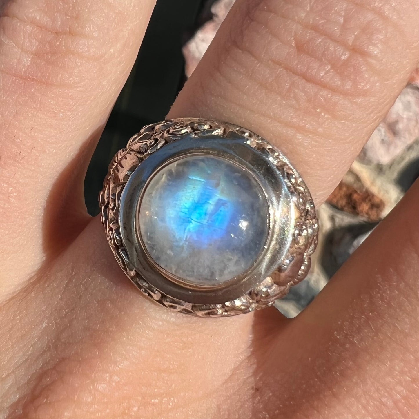 Unisex Moonstone Scroll Ring | Sterling Silver | Estate