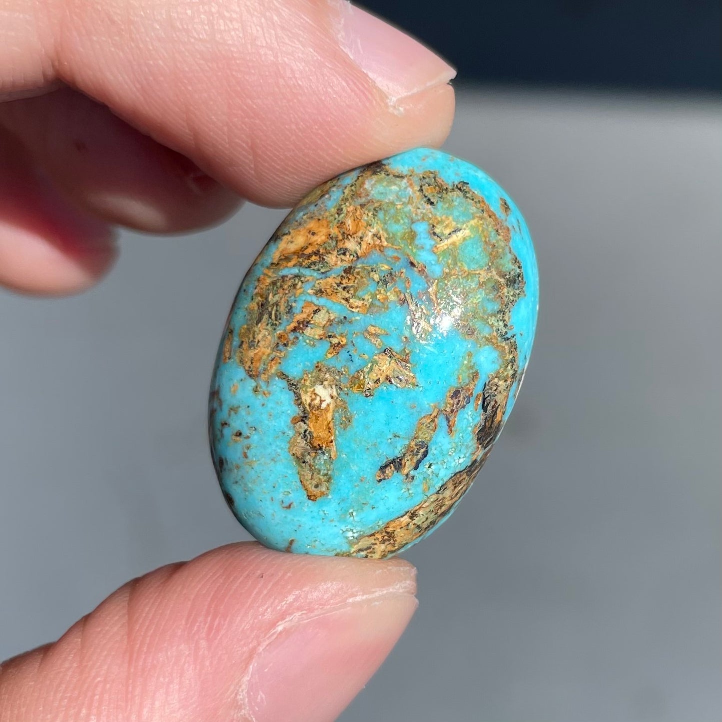 A loose, oval cabochon cut turquoise stone from Sonora, Mexicao.