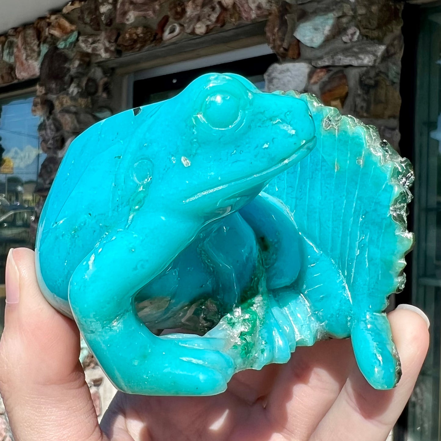 A stone frog peeking from behind a leaf carved from gem silica grade chrysocolla by artist, Ron Stevens.