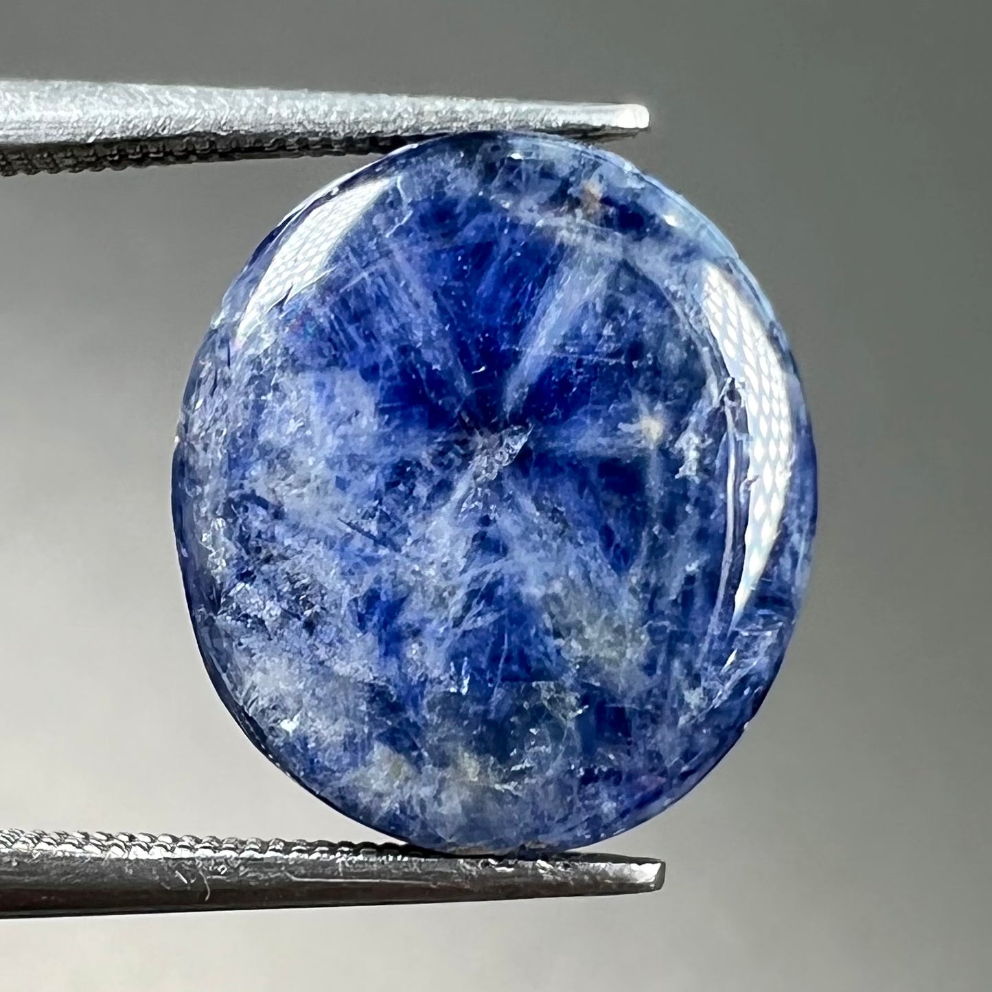A loose, oval cabochon cut blue trapiche star sapphire stone.