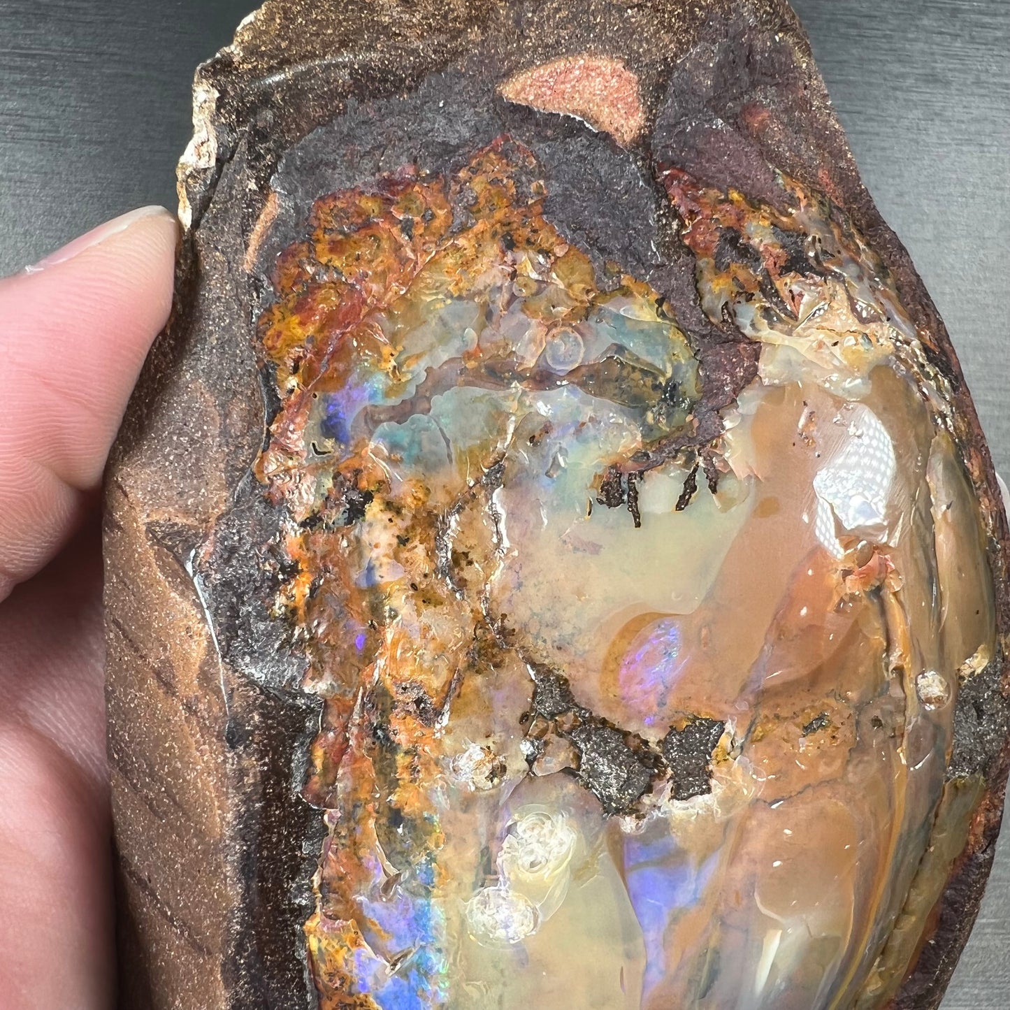 A polished Quilpie boulder opal specimen. The stone has a stripe of bright blue, green, and purple.