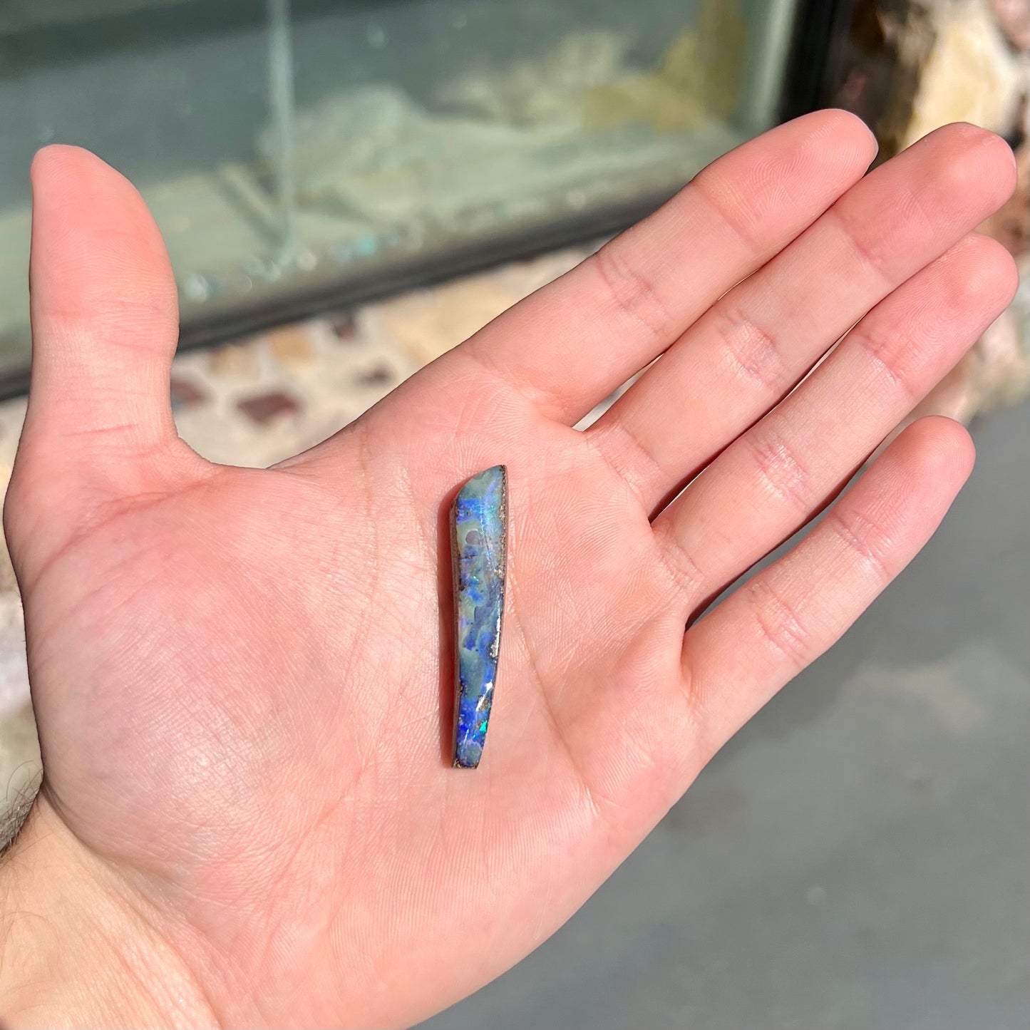 A loose, polished Quilpie boulder opal stone from Australia. The stone is predominantly blue.