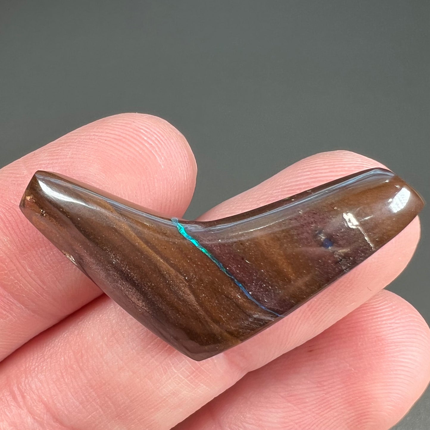 A loose, boomerang shaped boulder opal stone from Quilpie, Australia. The stone is predominantly blue and green.
