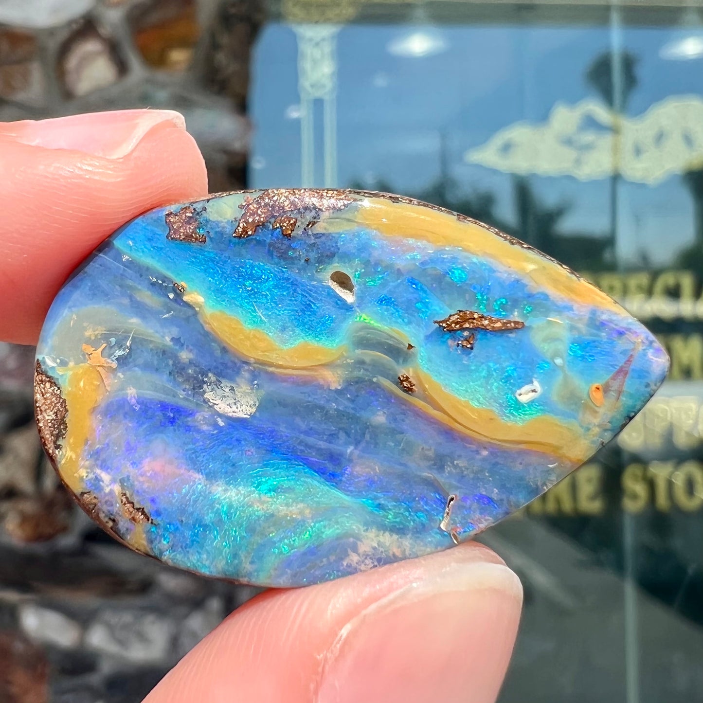 A loose, pear shaped cabochon cut boulder opal stone from Quilpie, Australia.