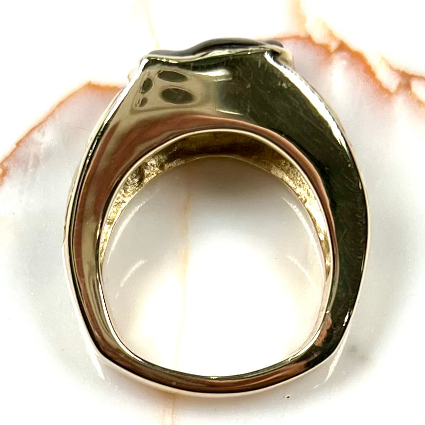 Custom, heavy yellow gold men's ring set with fire agate from Deer Creek, Arizona.