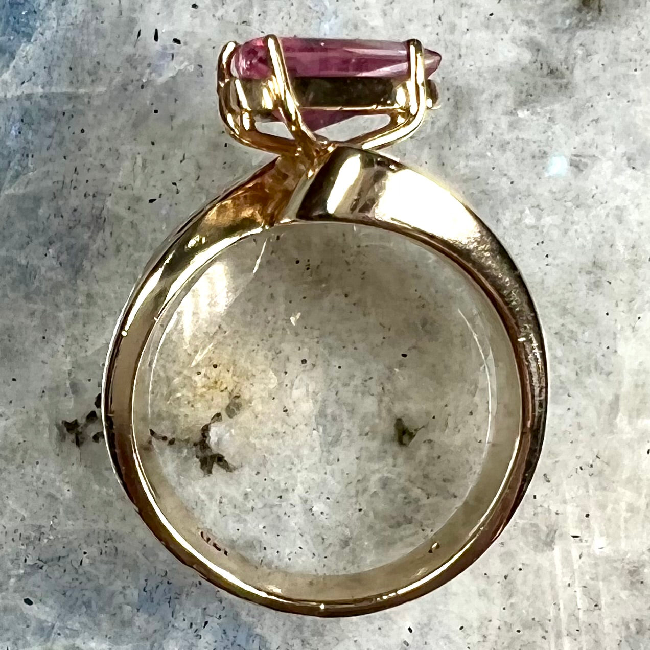 An estate yellow gold and diamond triangle cut Pala pink tourmaline ladies' ring.