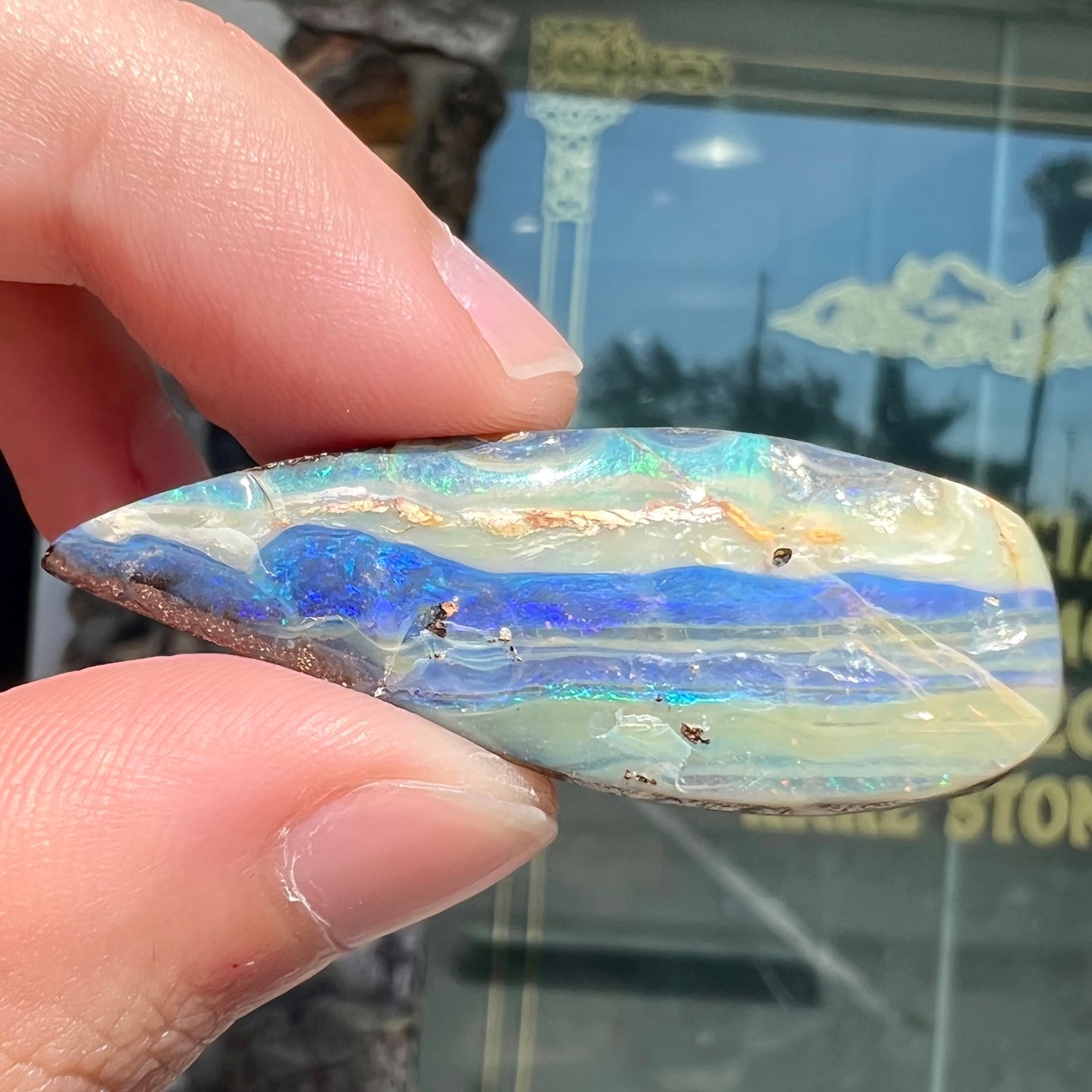 A loose, pear shaped boulder opal stone from Queensland, Australia.