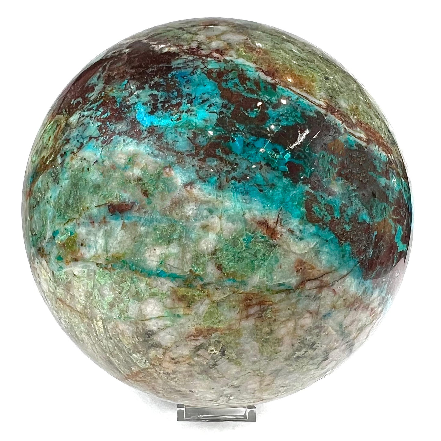 A stone sphere cut from Eilat Stone, mined in Israel.  Material contains turquoise, chrysocolla, azurite, malachite, and cuprite.