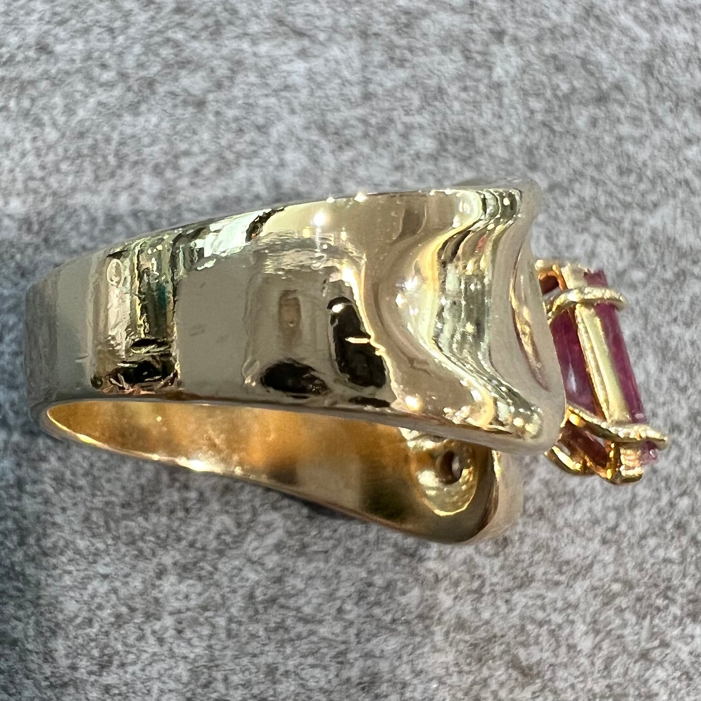 An estate yellow gold and diamond triangle cut Pala pink tourmaline ladies' ring.