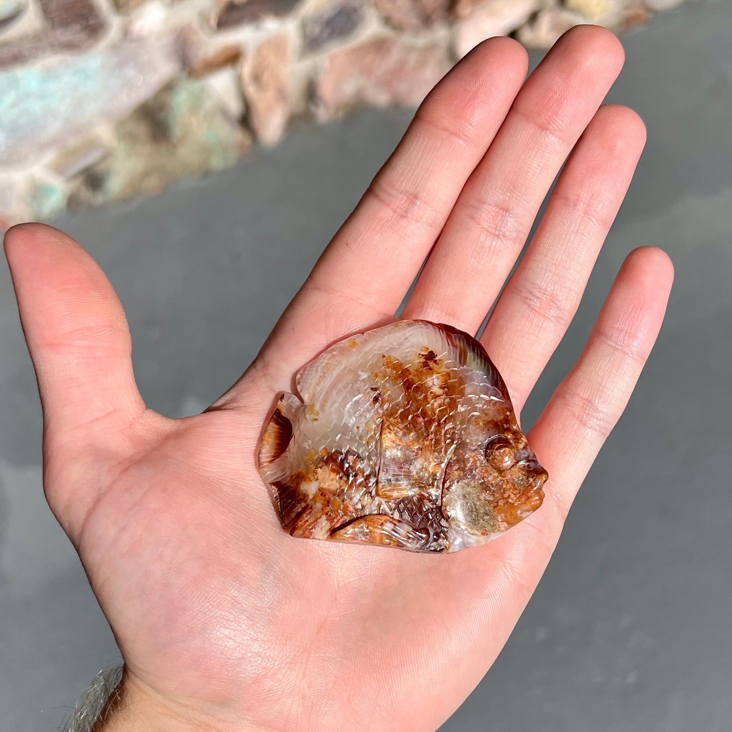 A stone fish carved from Northern Mexican fire agate.  The material is brown and white.