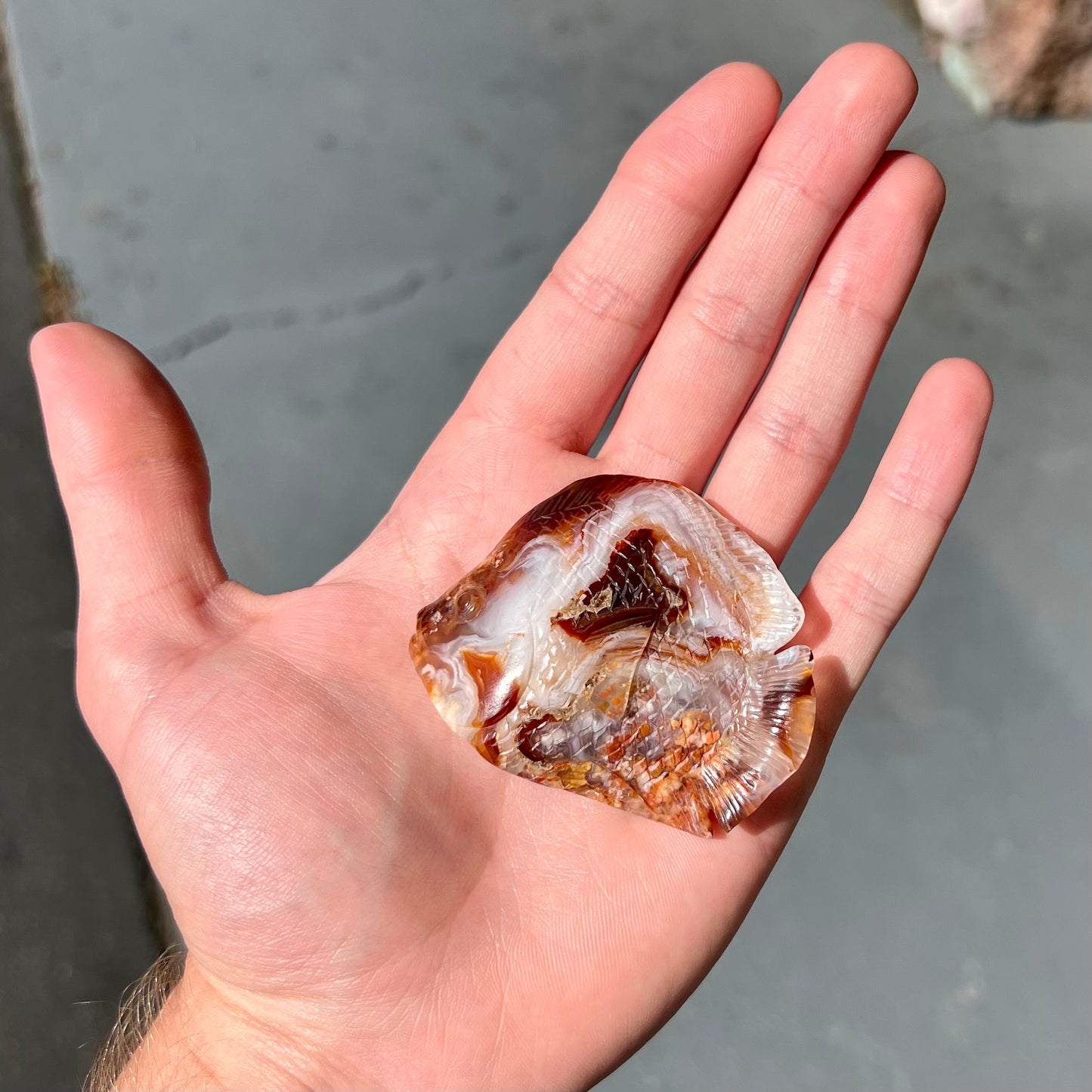 A stone fish carved from Northern Mexican fire agate. The material is brown and white.