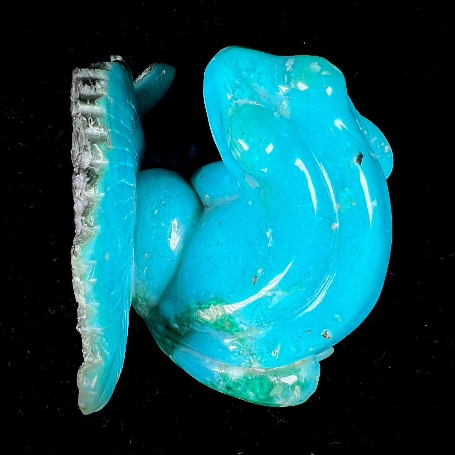 A stone frog peeking from behind a leaf carved from gem silica grade chrysocolla by artist, Ron Stevens.