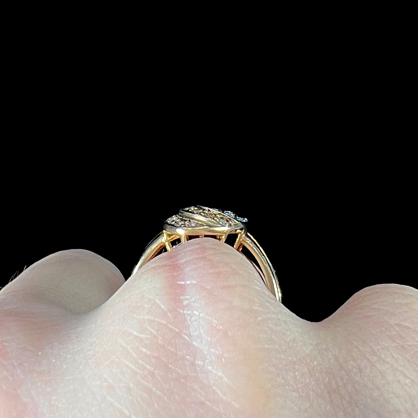 A ladies' 10 karat yellow gold split shank ring pave set with white and champagne colored diamonds.