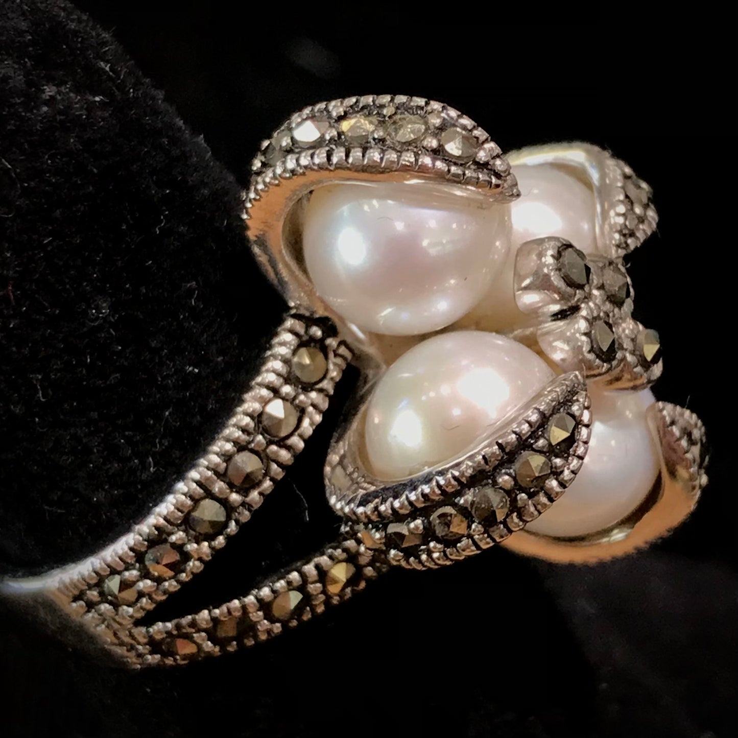 Pearl and marcasite ring set in sterling silver.