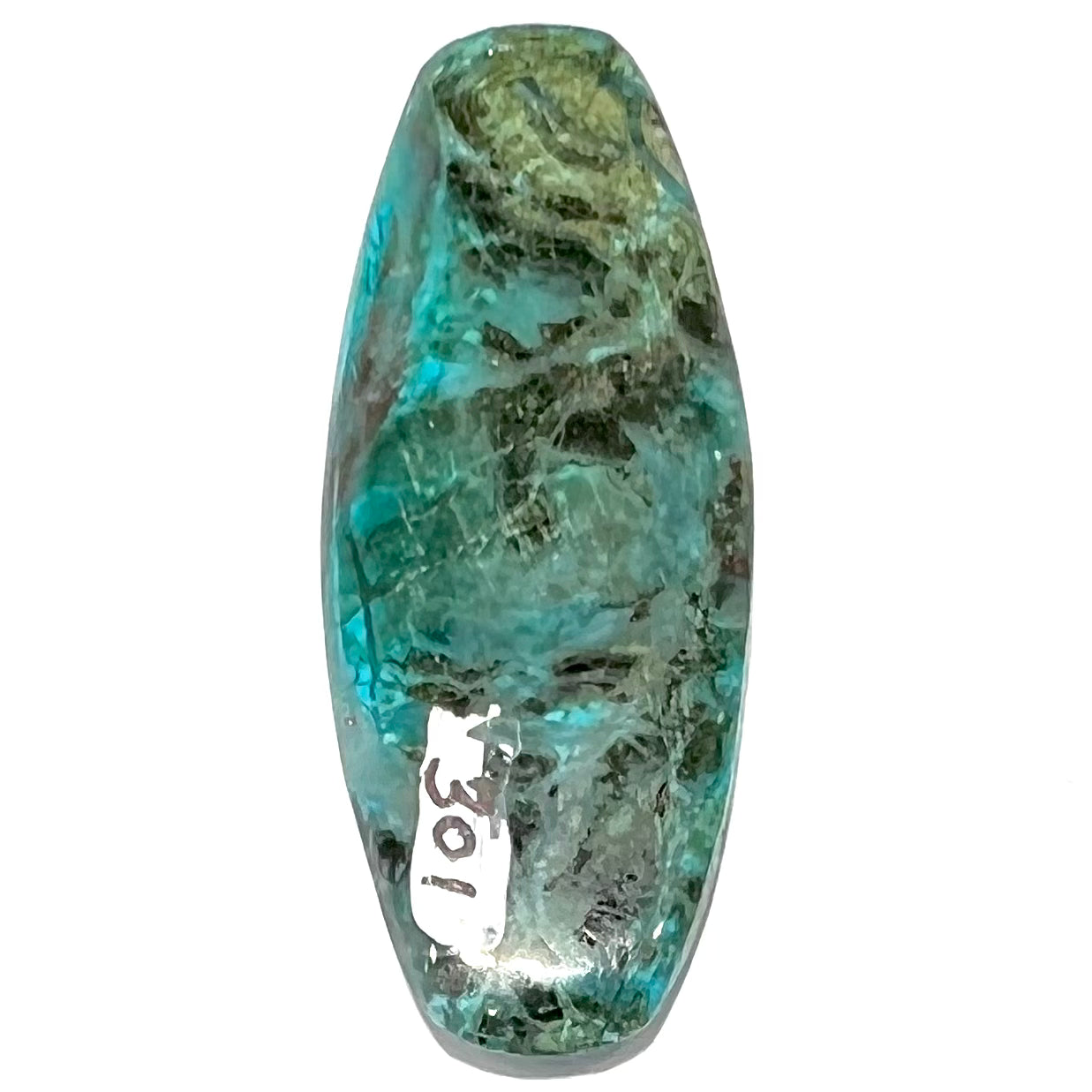 A barrel cabochon cut turquoise from Kingman, Arizona.