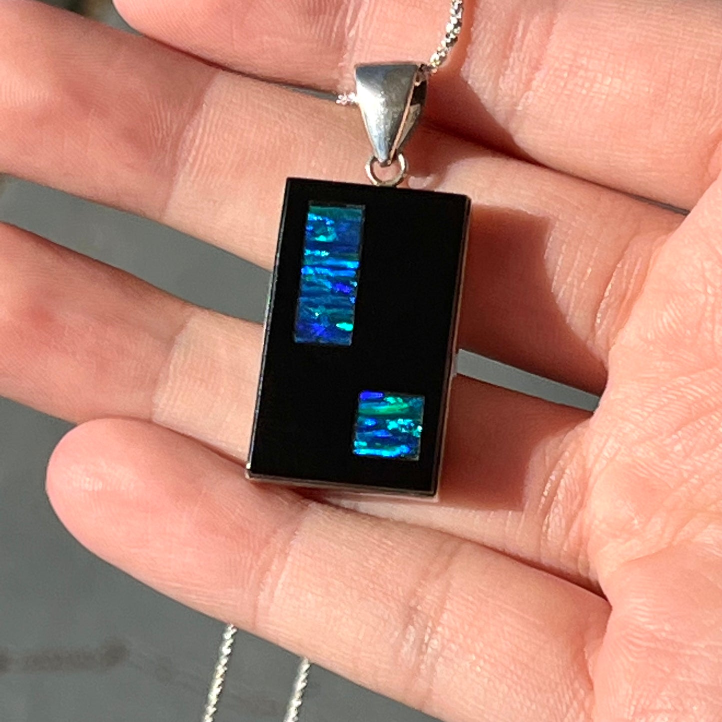 Onyx and Synthetic Opal Inlay Pendant | Sterling Silver