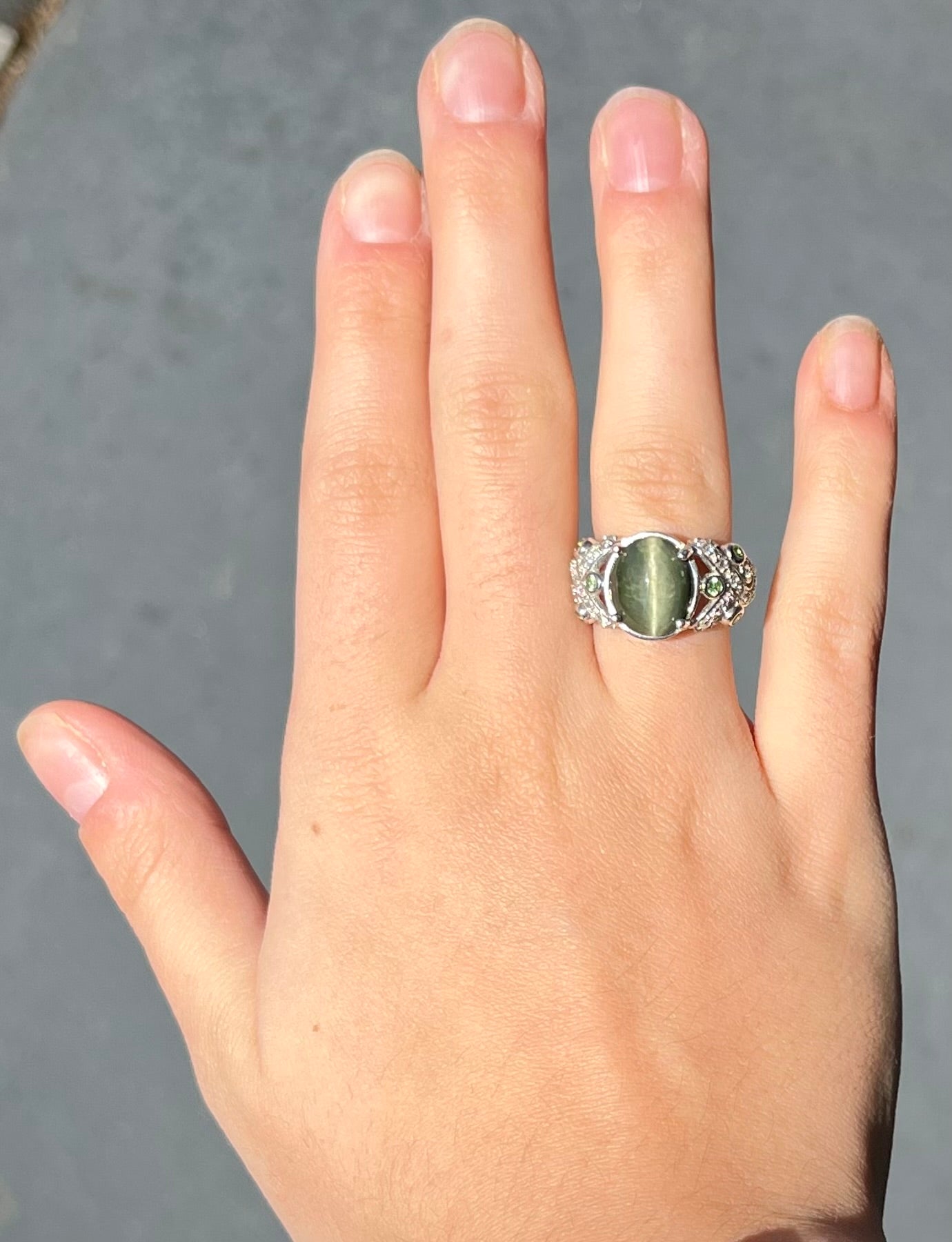 Cat's Eye Jade and Garnet Ring | Sterling Silver