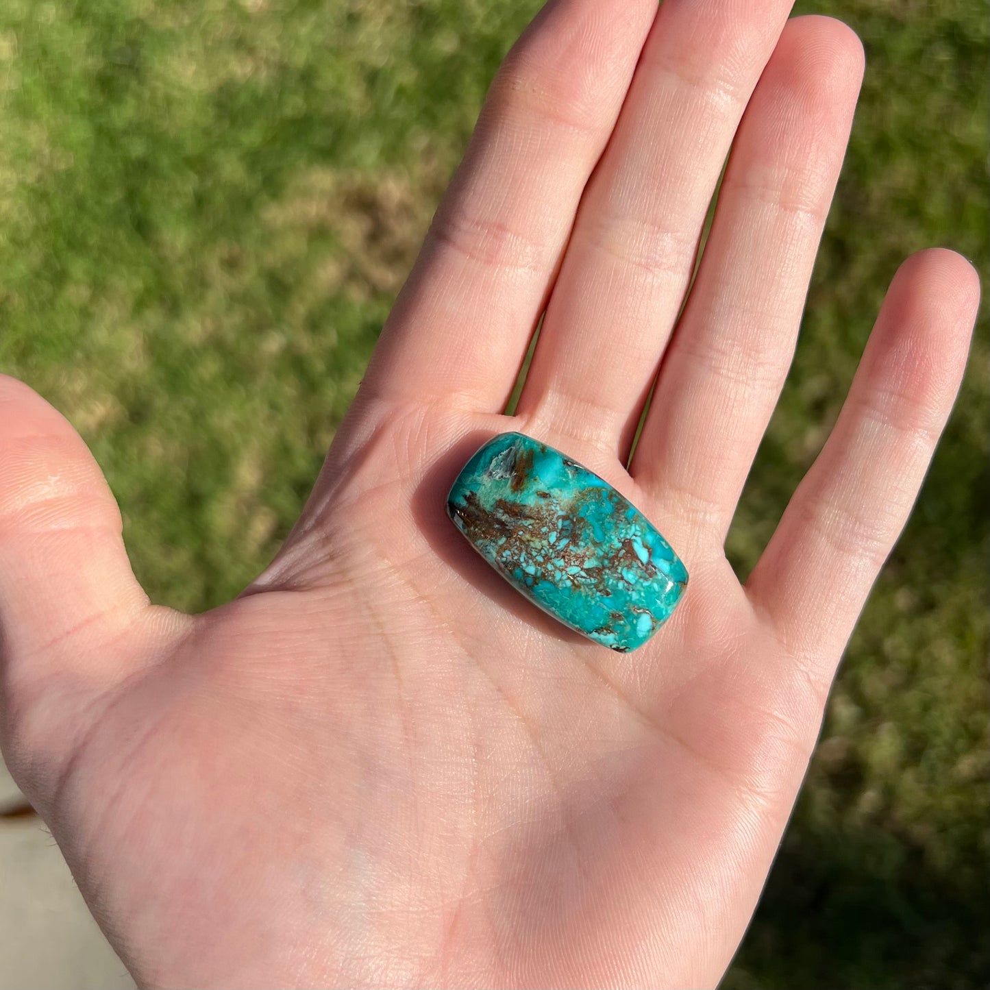 A loose turquoise stone from Royston Mining District, Nevada. The stone is blue green with brown matrix veining.