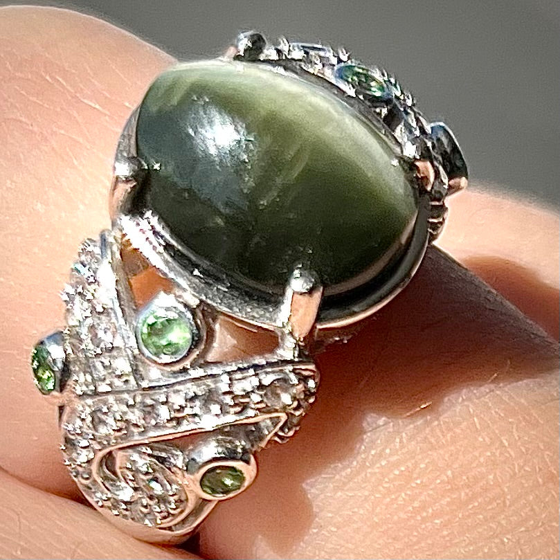 Cat's Eye Jade and Garnet Ring | Sterling Silver