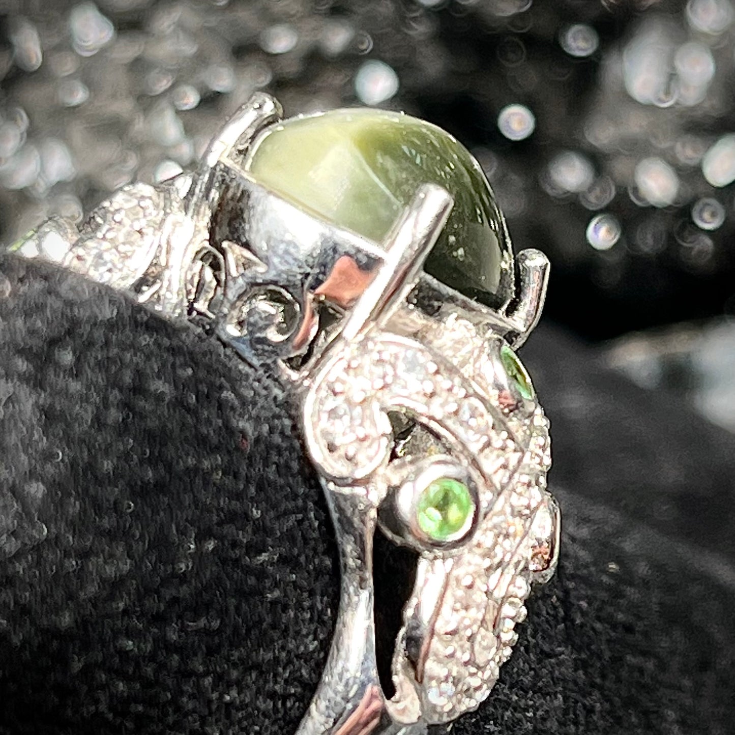 Cat's Eye Jade and Garnet Ring | Sterling Silver