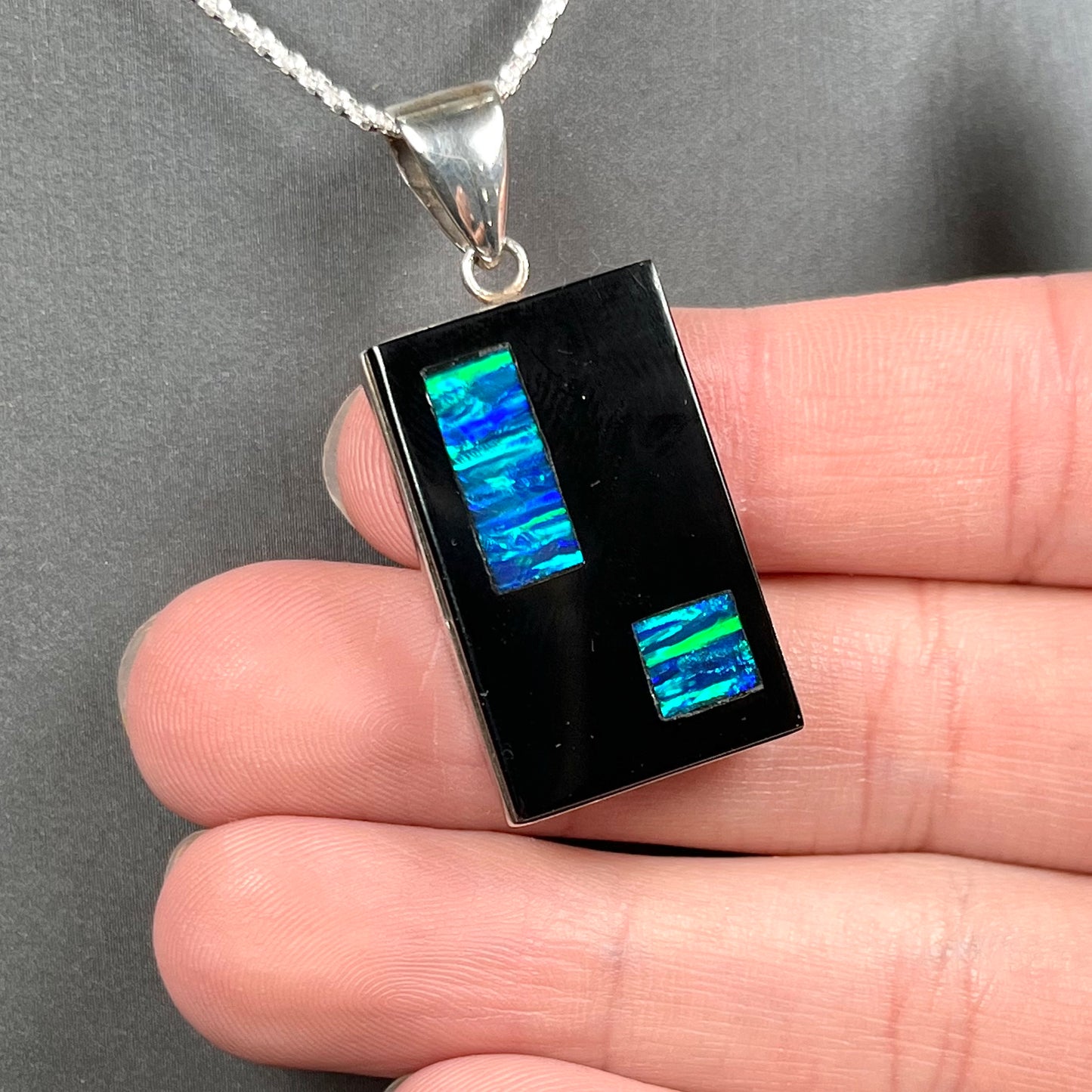 Onyx and Synthetic Opal Inlay Pendant | Sterling Silver